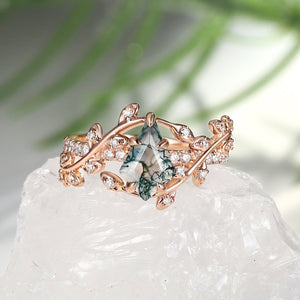 Wren Kite Cut Moss Agate Leafy Pave Engagement Ring.
