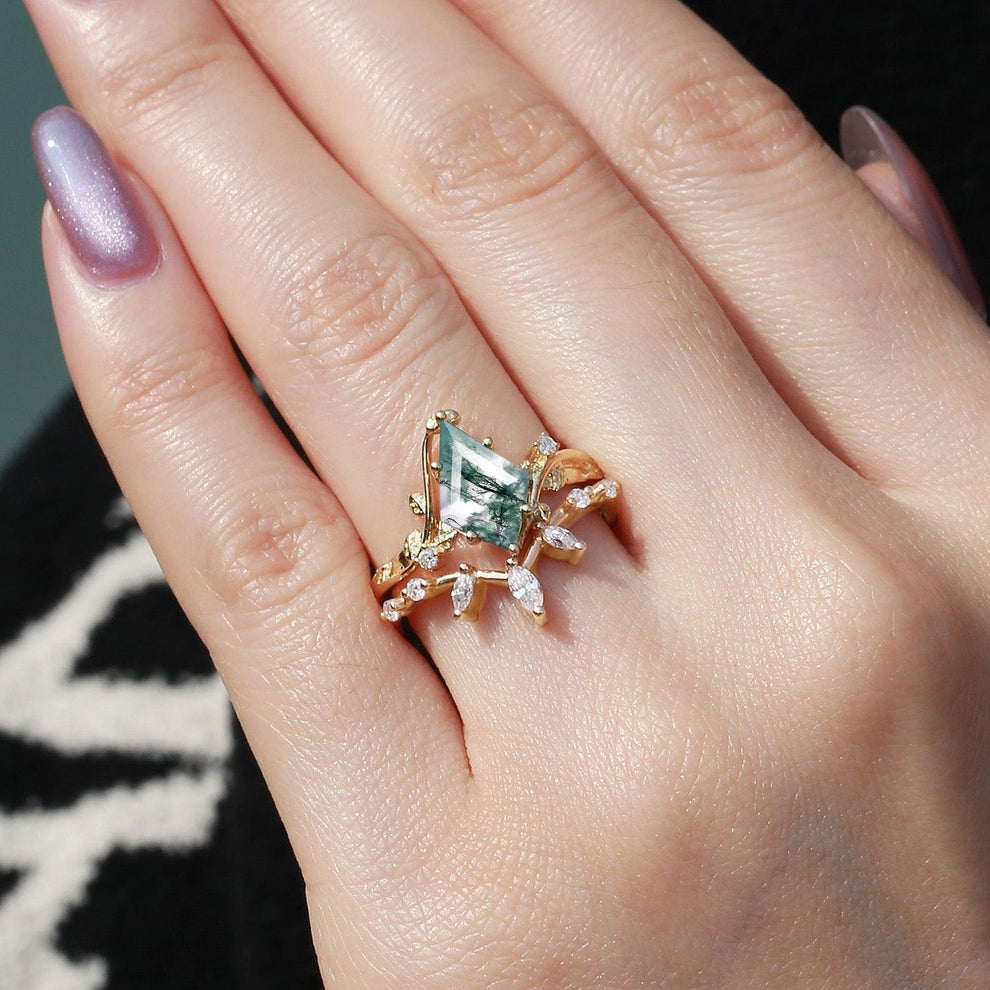 Moss Agate Leafy Marquise Engagement Ring Set 2pcs.