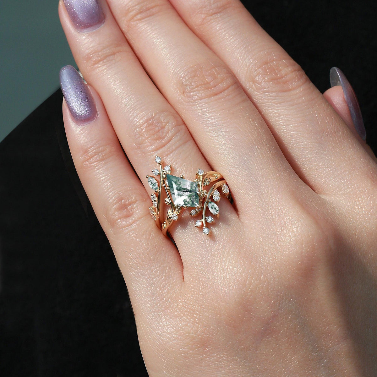 Elara’s Bower | Kite Cut Moss Agate Cage Leafy Bridal Set 2pcs.