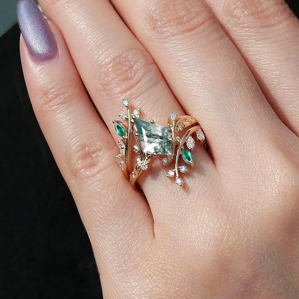 Sylvie’s Enclave | Kite Cut Moss Agate & Emerald Cage Leafy Bridal Set 2pcs.