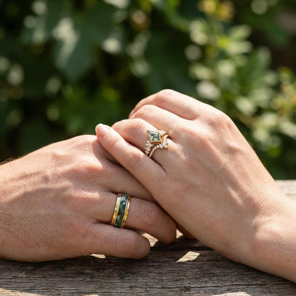 Sylvie’s Cluster | Kite Cut Moss Agate Engagement Couple Ring Set 3pcs.