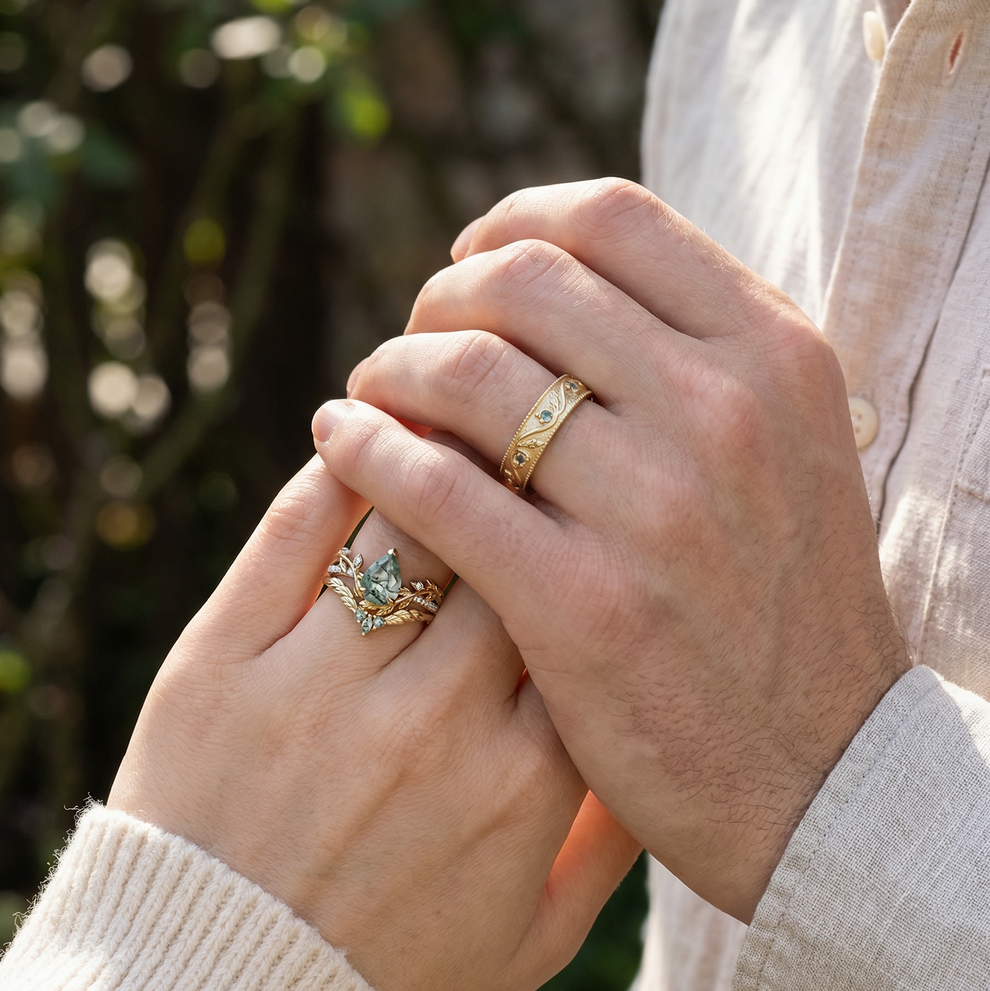 Juniper’s Copse | Pear Cut Moss Agate Cluster Couple Ring Set.