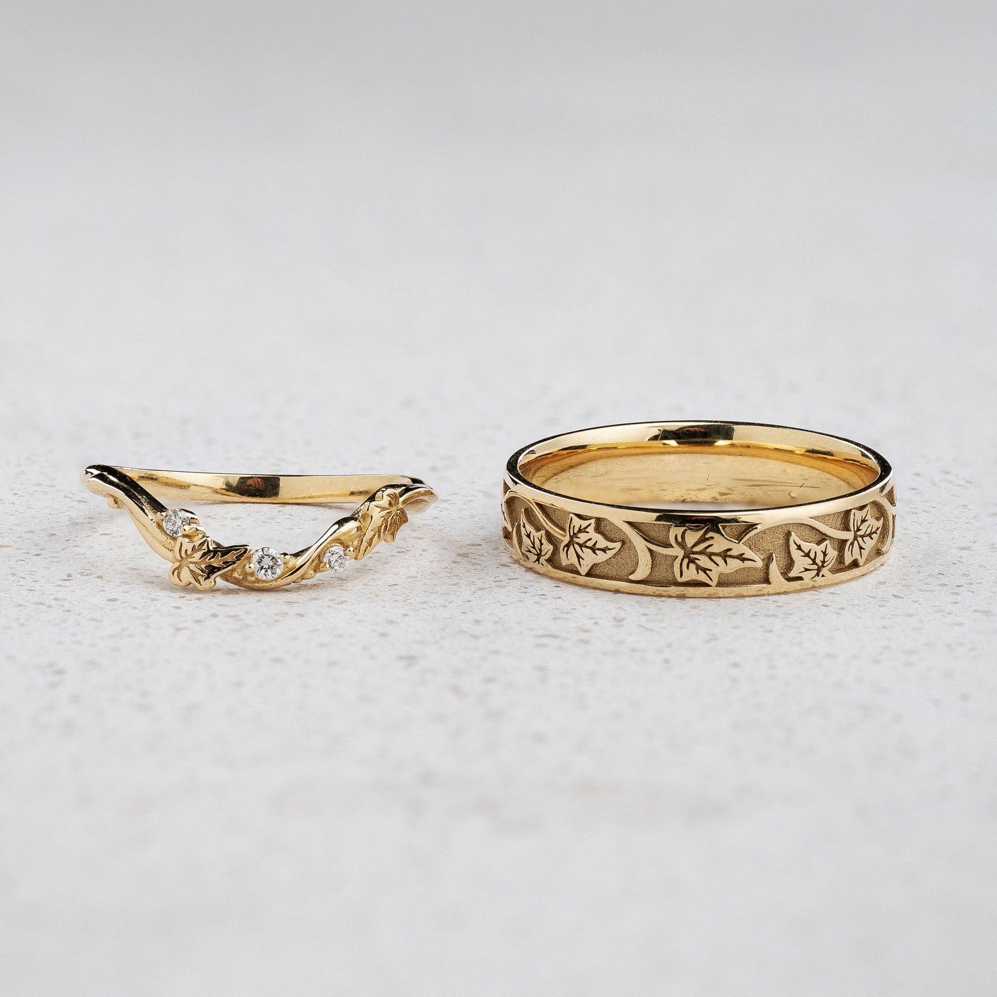 Evergreen Vows Matching Band Set – Engraved Ivy Leaves.