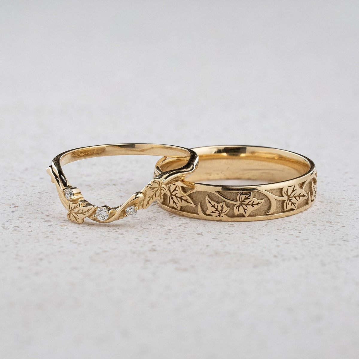 Evergreen Vows Matching Band Set – Engraved Ivy Leaves.