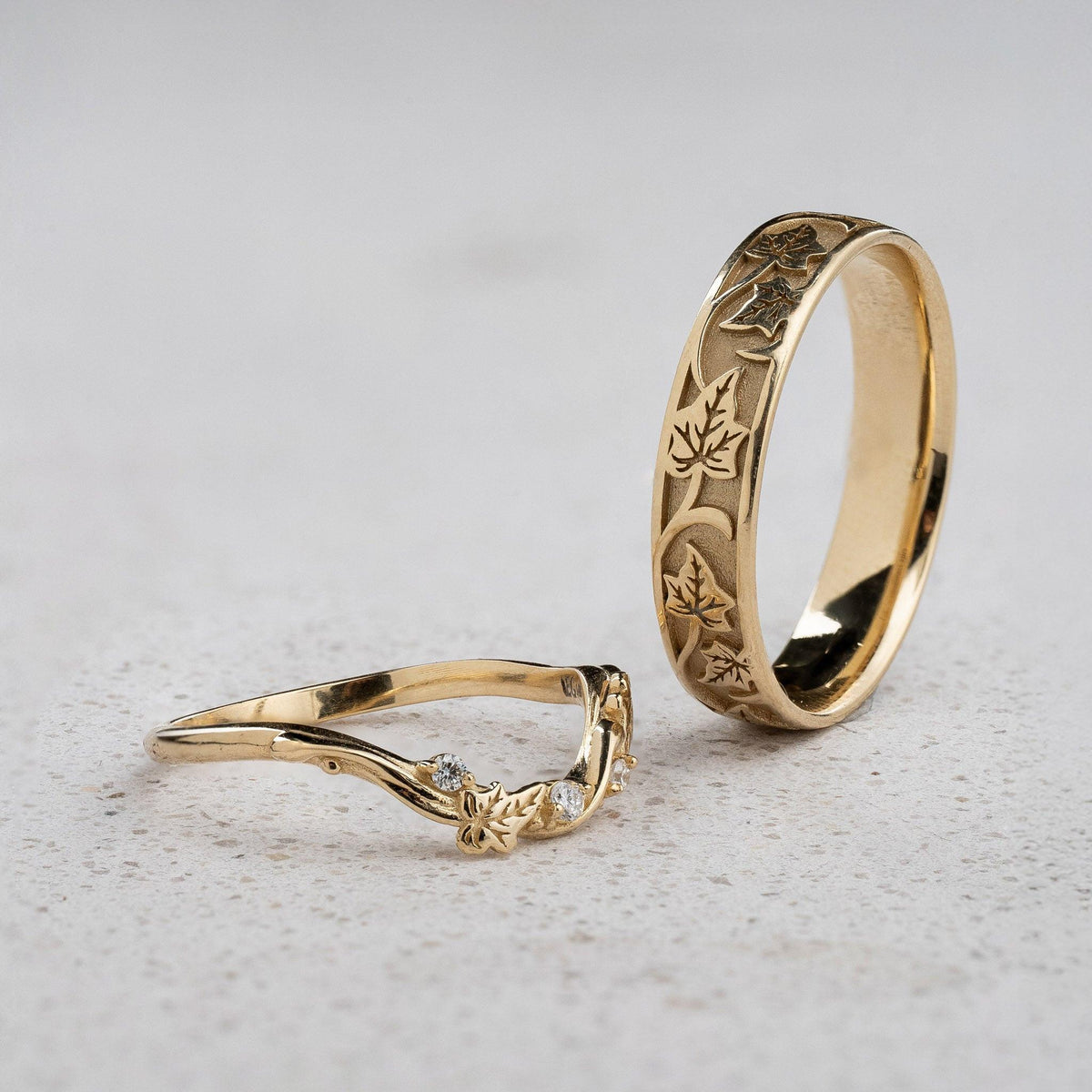 Evergreen Vows Matching Band Set – Engraved Ivy Leaves.