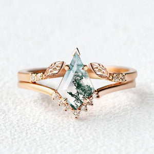 Kite Cut Moss Agate Gold Leafy Engagement Ring Sets 2pcs.