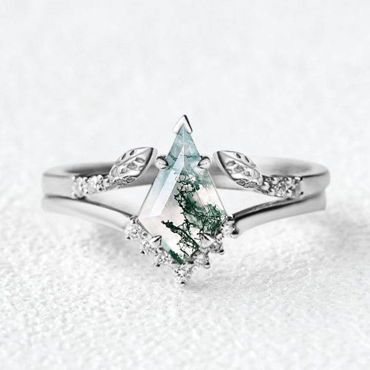 Kite Cut Moss Agate Gold Leafy Engagement Ring Sets 2pcs.