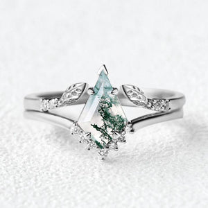 Kite Cut Moss Agate Gold Leafy Engagement Ring Sets 2pcs.