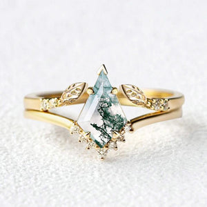 Kite Cut Moss Agate Gold Leafy Engagement Ring Sets 2pcs.