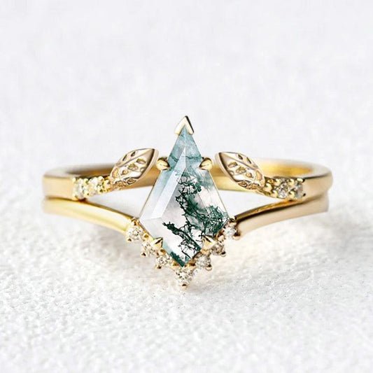 Kite Cut Moss Agate Gold Leafy Engagement Ring Sets 2pcs.