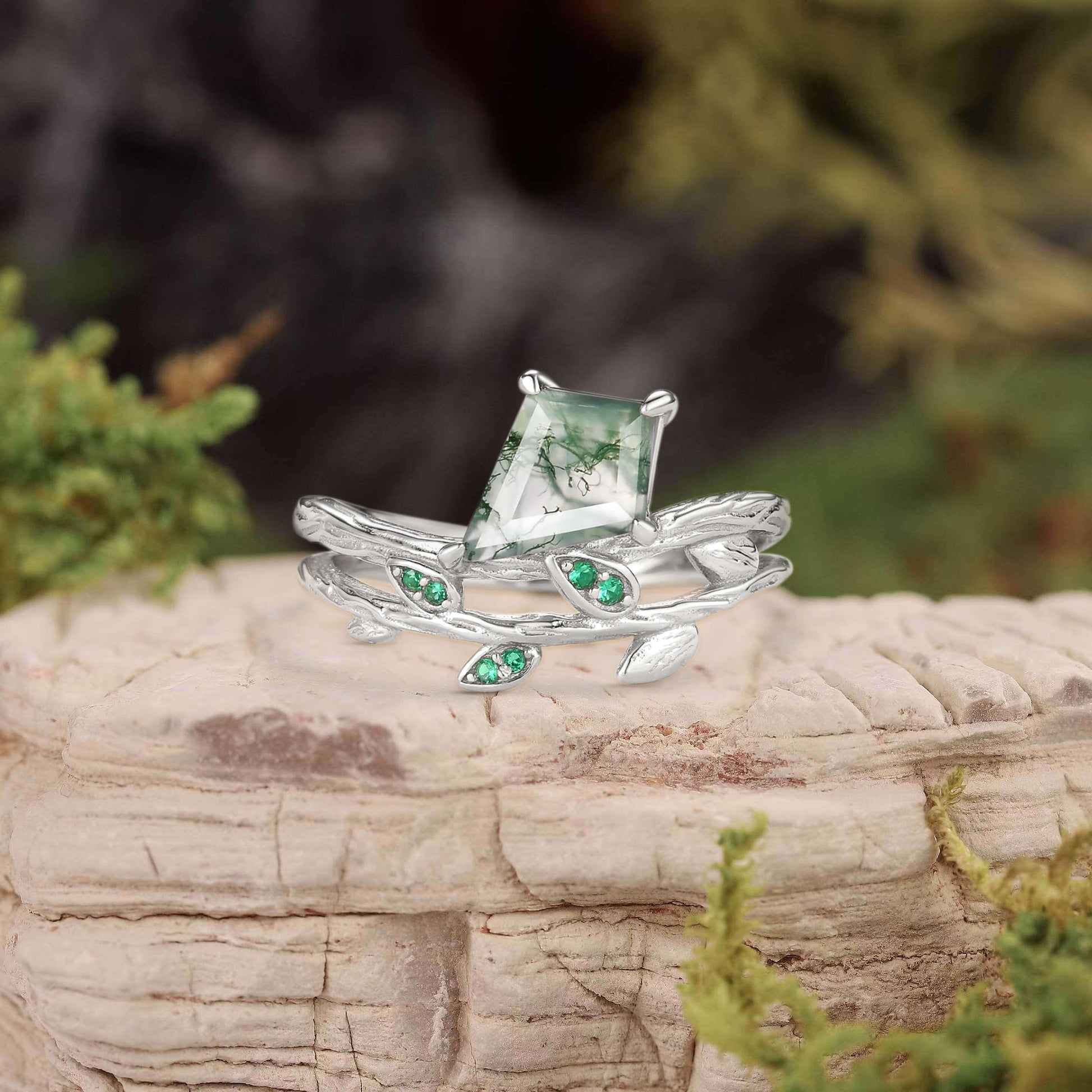 Kite Cut Moss Agate & Emerald Leafy  Unique Engagement Ring.