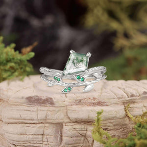 Kite Cut Moss Agate & Emerald Leafy  Unique Engagement Ring.
