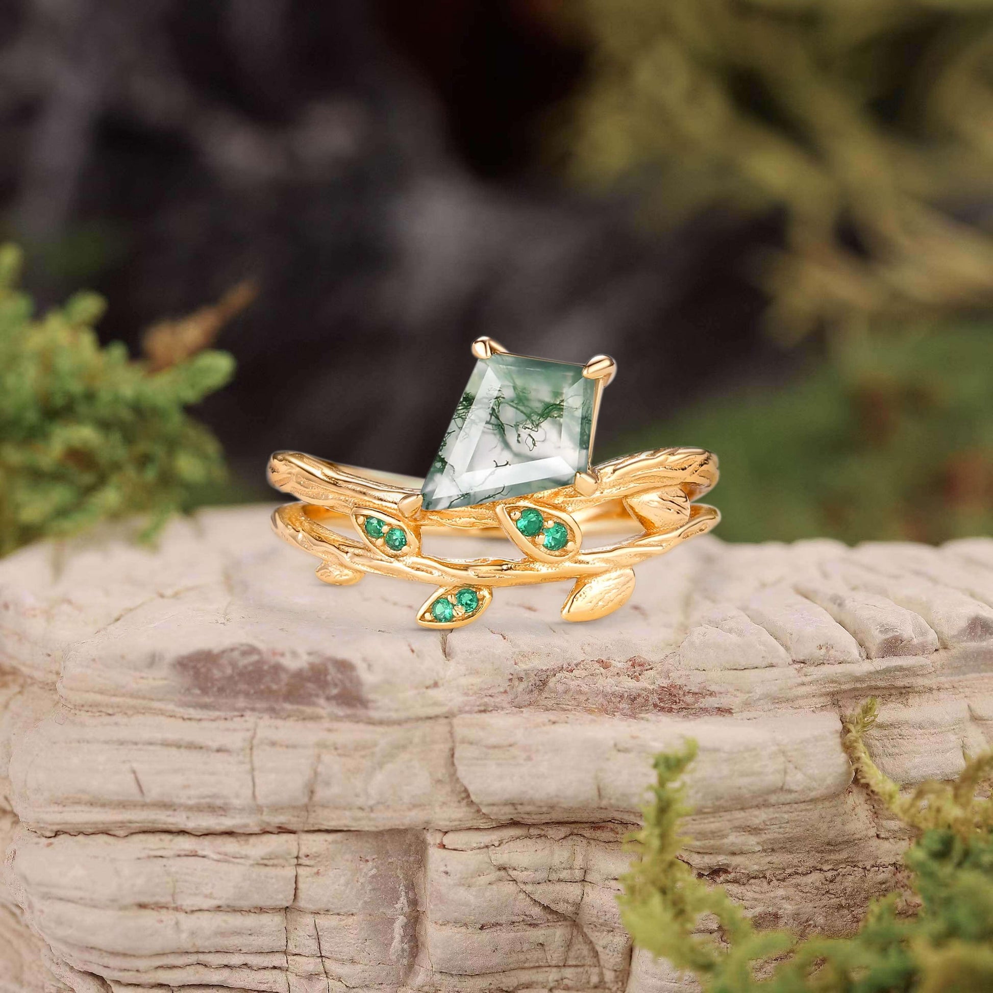 Kite Cut Moss Agate & Emerald Leafy  Unique Engagement Ring.