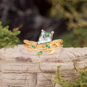 Kite Cut Moss Agate & Emerald Leafy  Unique Engagement Ring.