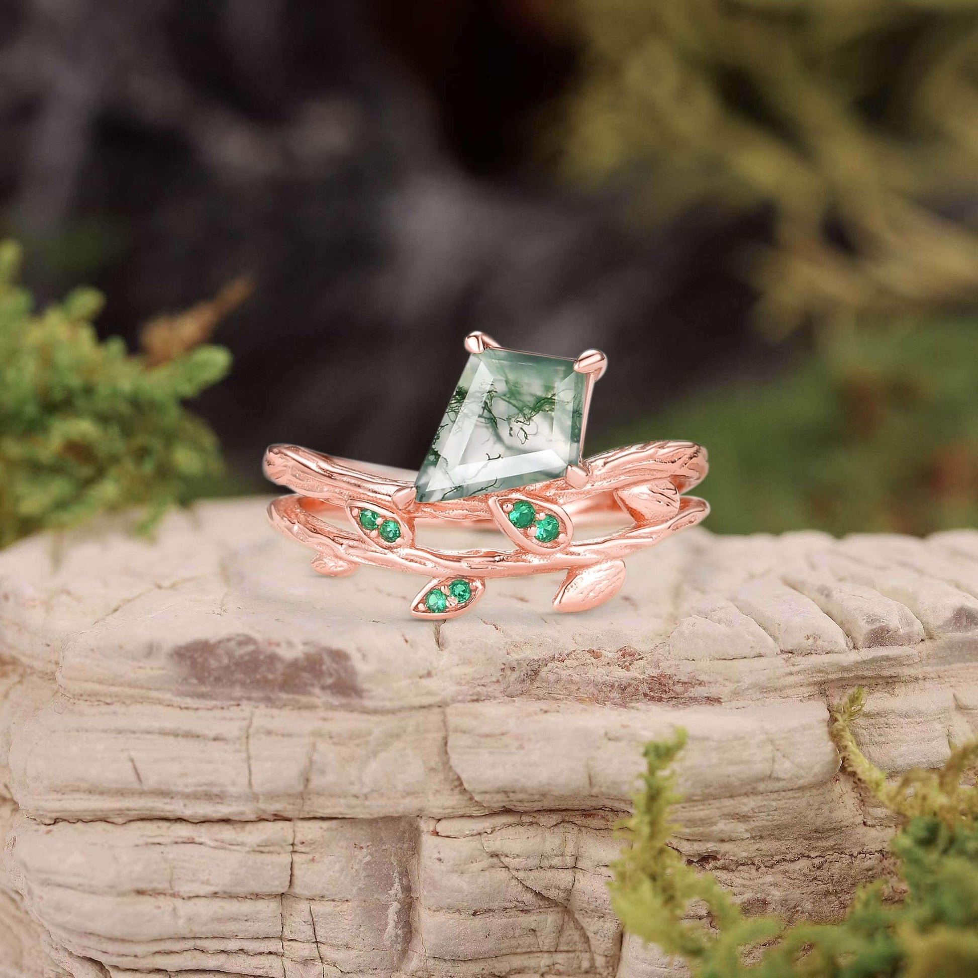 Kite Cut Moss Agate & Emerald Leafy  Unique Engagement Ring.