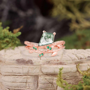 Kite Cut Moss Agate & Emerald Leafy  Unique Engagement Ring.