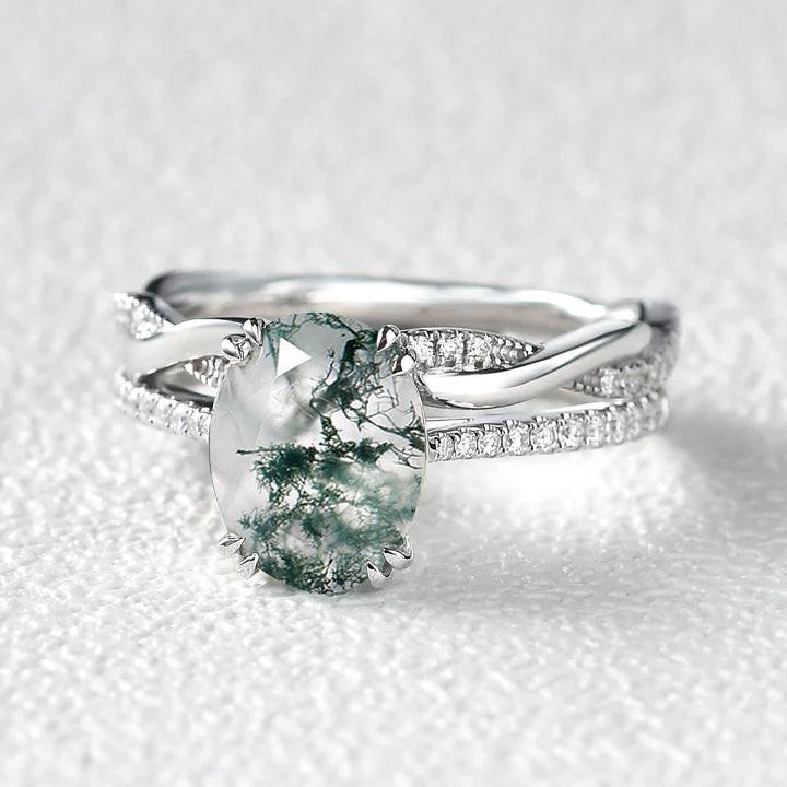 Ariadne’s Merge | 2CT Oval Moss Agate Bridal Set 2pcs.