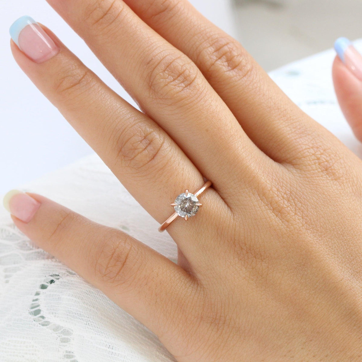 1.62 Ct Large Salt and Pepper Diamond Ring in 14k Rose Gold Low Profile Solitaire Ring, Size 6.
