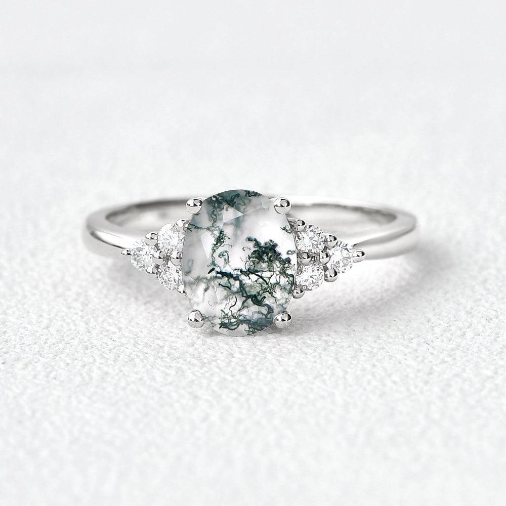 Aurora’s Dew | Oval Moss Agate Classic Cluster Engagement Ring.
