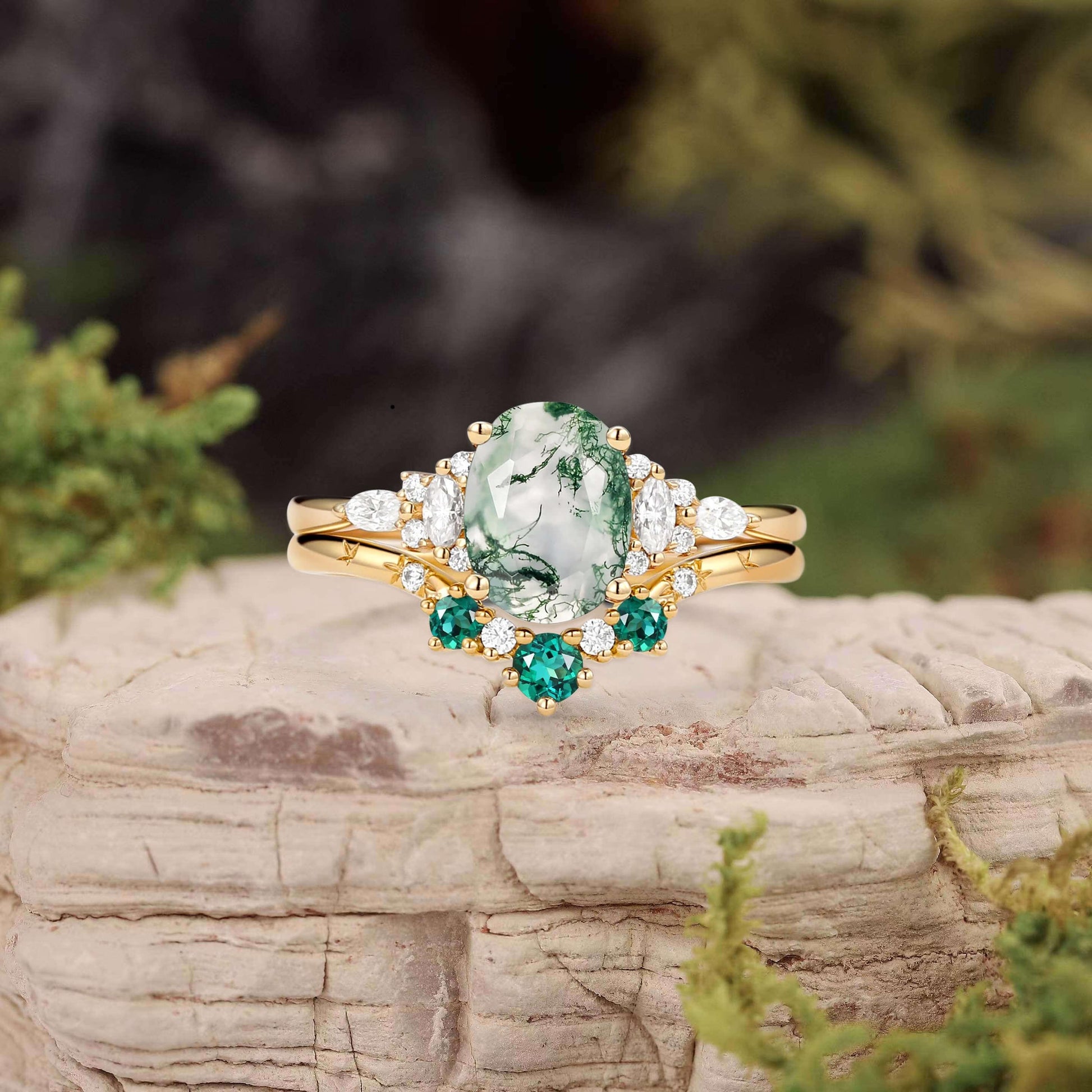 Natural Oval Cut Moss Agate & Lab Emerald Engagement Ring Sets 2pcs.