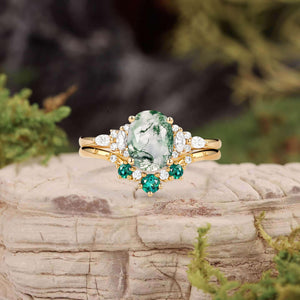 Natural Oval Cut Moss Agate & Lab Emerald Engagement Ring Sets 2pcs.