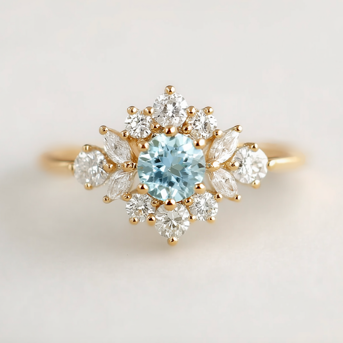 Marina's Blossom | Round Cut Aquamarine Halo Engagement Ring.