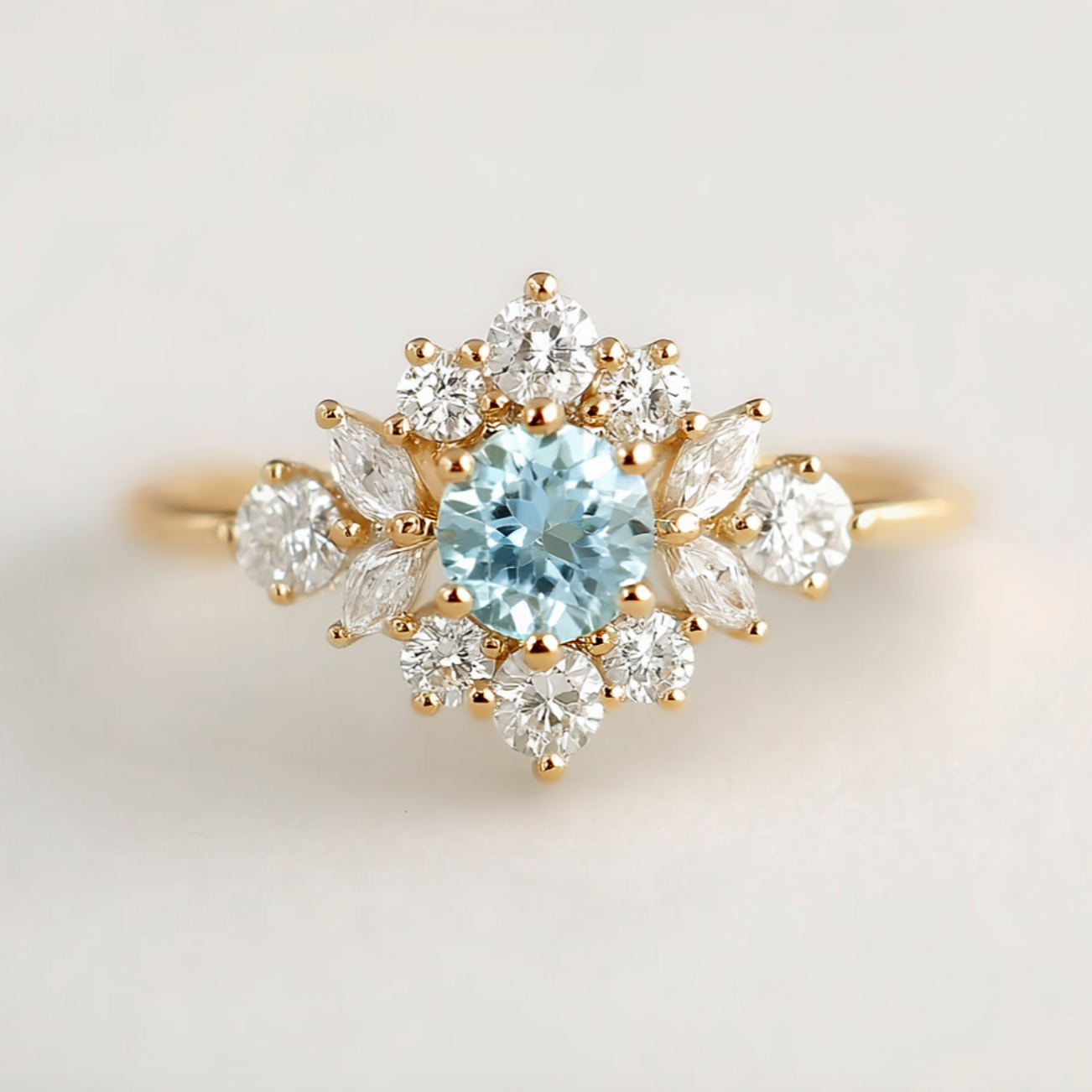 Marina's Blossom | Round Cut Aquamarine Halo Engagement Ring.
