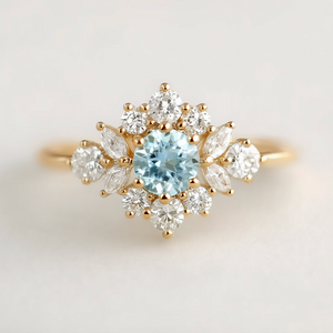 Marina's Blossom | Round Cut Aquamarine Halo Engagement Ring.