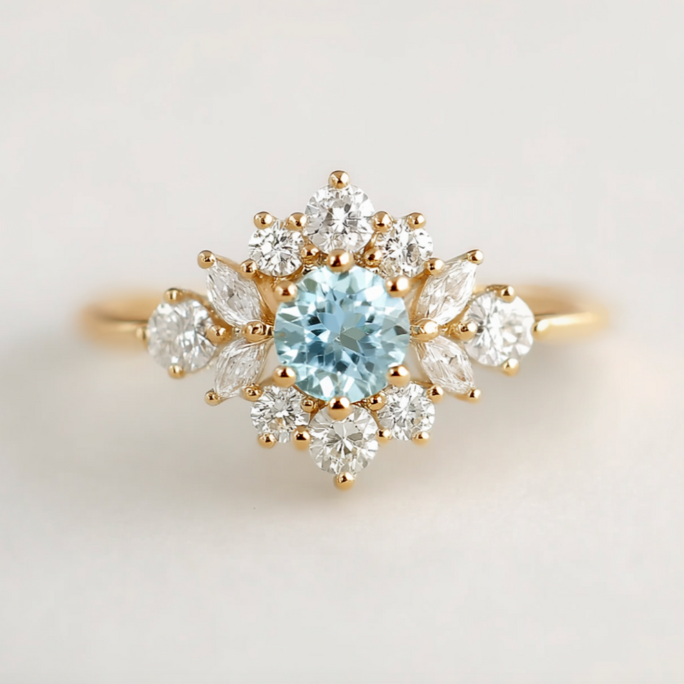 Marina's Blossom | Round Cut Aquamarine Halo Engagement Ring.