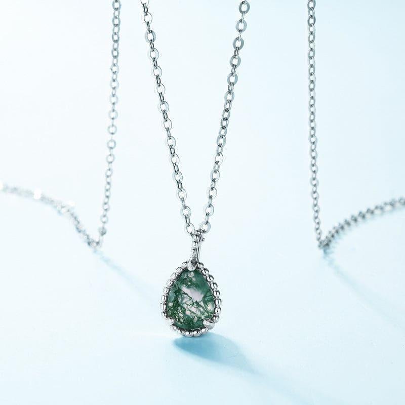 Teardrop Natural Moss Agate Basket Weave Pendant Necklace - S925 Sterling Silver.
