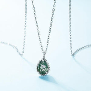 Teardrop Natural Moss Agate Basket Weave Pendant Necklace - S925 Sterling Silver.
