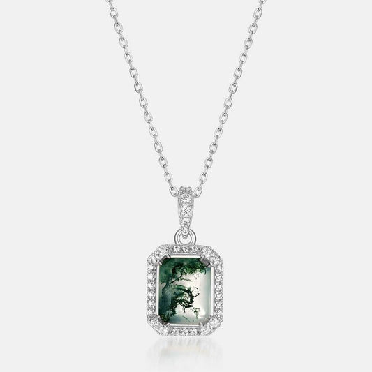 Gleaming Border Rectangular Moss Agate Pendant Necklace - S925 Sterling Silver.