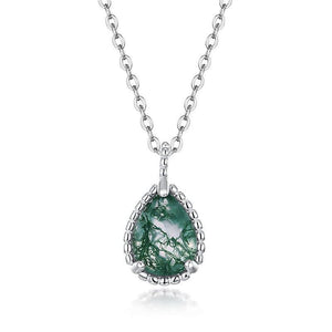 Teardrop Natural Moss Agate Basket Weave Pendant Necklace - S925 Sterling Silver.