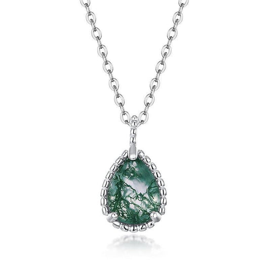 Teardrop Natural Moss Agate Basket Weave Pendant Necklace - S925 Sterling Silver.