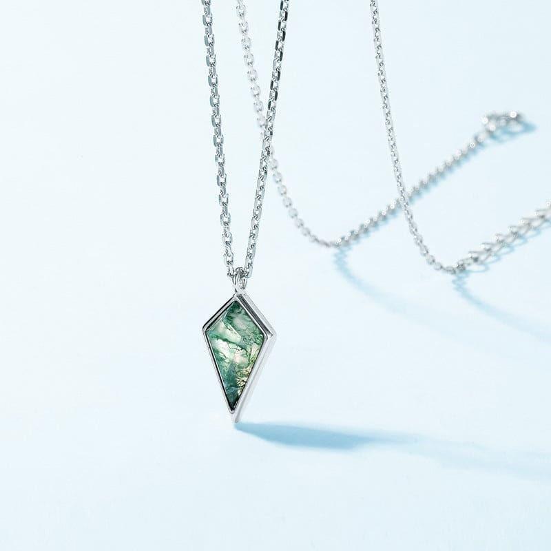 Kite Harmony Natural Moss Agate Pendant Necklace - S925 Sterling Silver.
