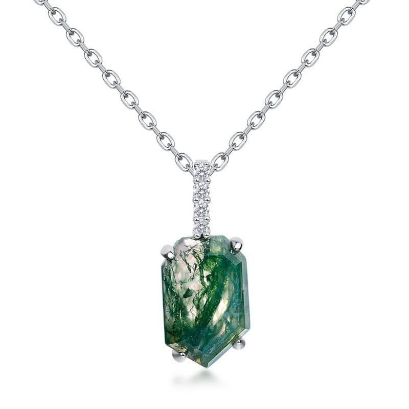 Coffin Cut Natural Moss Agate Column Pendant Necklace - S925 Sterling Silver.
