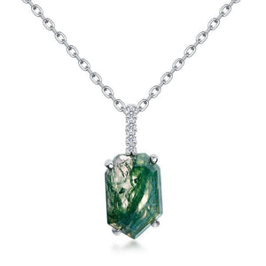 Coffin Cut Natural Moss Agate Column Pendant Necklace - S925 Sterling Silver.