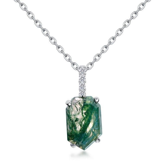 Coffin Cut Natural Moss Agate Column Pendant Necklace - S925 Sterling Silver.