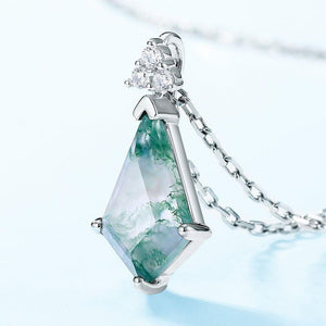 Trillion Cut Natural Moss Agate Point Necklace - S925 Sterling Silver.
