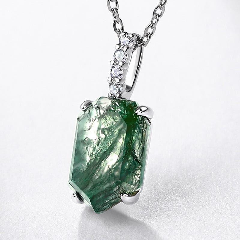 Coffin Cut Natural Moss Agate Column Pendant Necklace - S925 Sterling Silver.