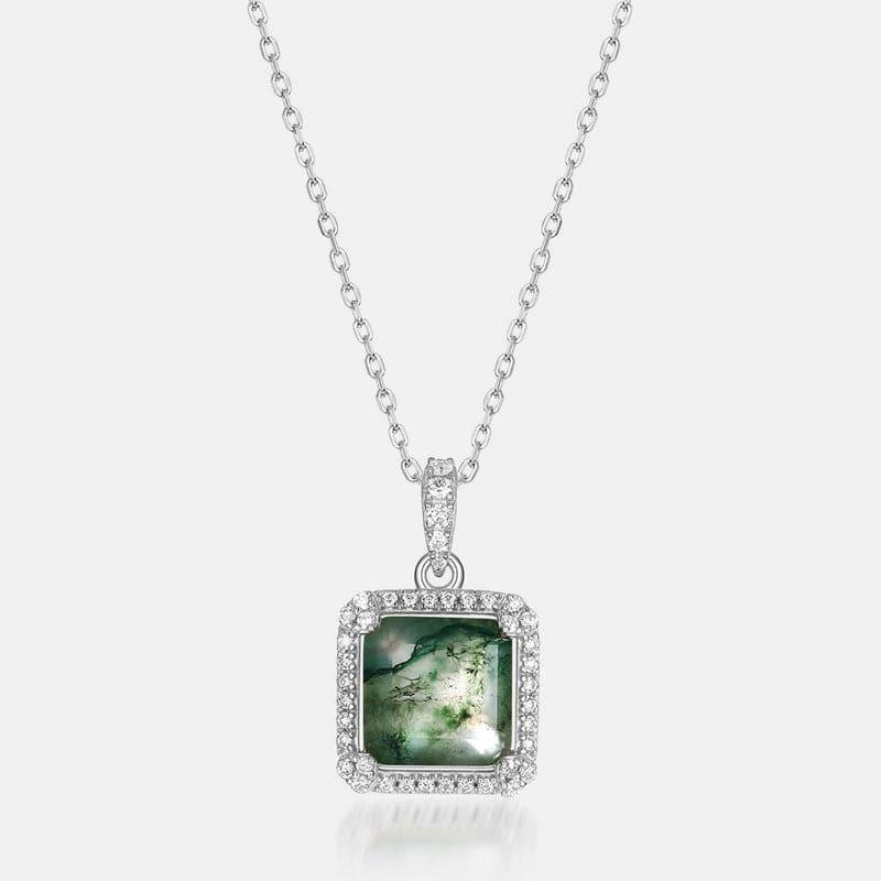 Square Cut Natural Moss Agate Halo Pendant Necklace - S925 Sterling Silver.