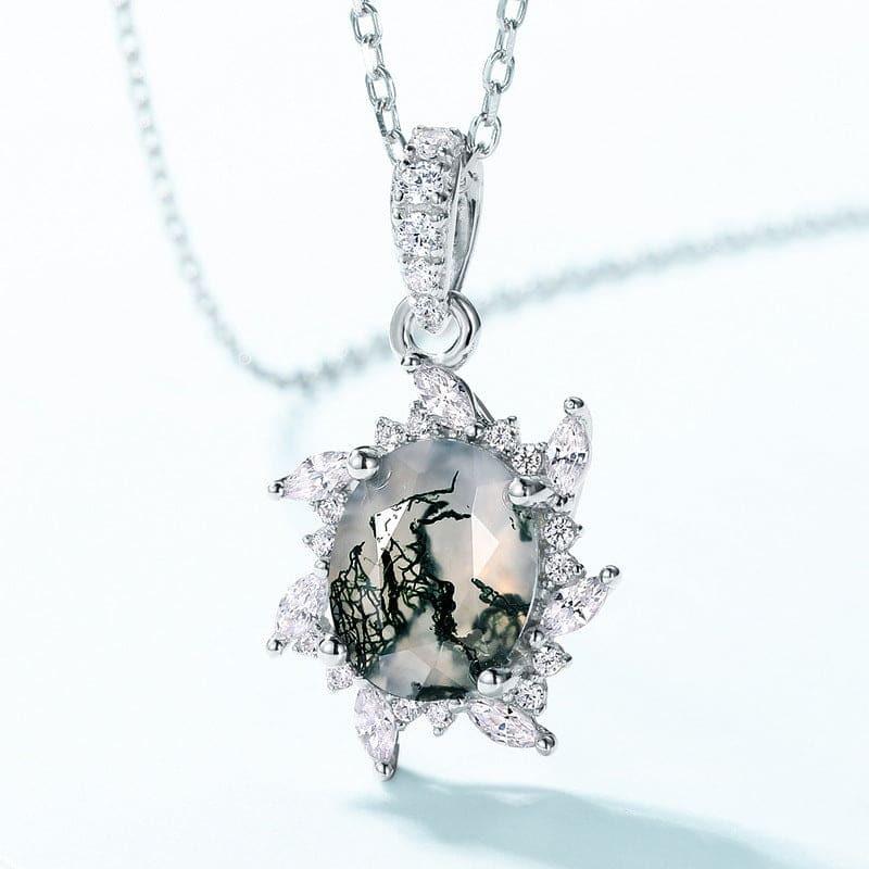 Starburst Natural Moss Agate Pendant Necklace - S925 Sterling Silver.