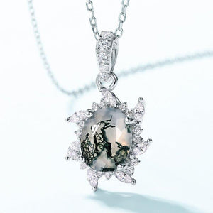 Starburst Natural Moss Agate Pendant Necklace - S925 Sterling Silver.