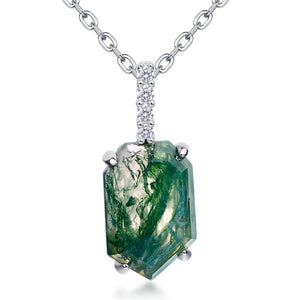 Coffin Cut Natural Moss Agate Column Pendant Necklace - S925 Sterling Silver.