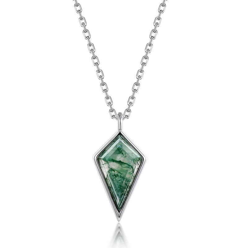 Kite Harmony Natural Moss Agate Pendant Necklace - S925 Sterling Silver.