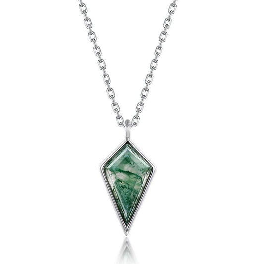 Kite Harmony Natural Moss Agate Pendant Necklace - S925 Sterling Silver.