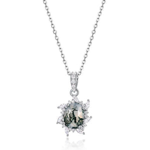 Starburst Natural Moss Agate Pendant Necklace - S925 Sterling Silver.