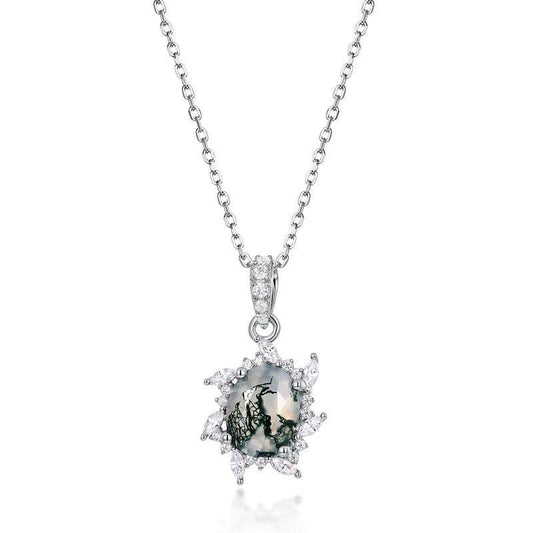 Starburst Natural Moss Agate Pendant Necklace - S925 Sterling Silver.