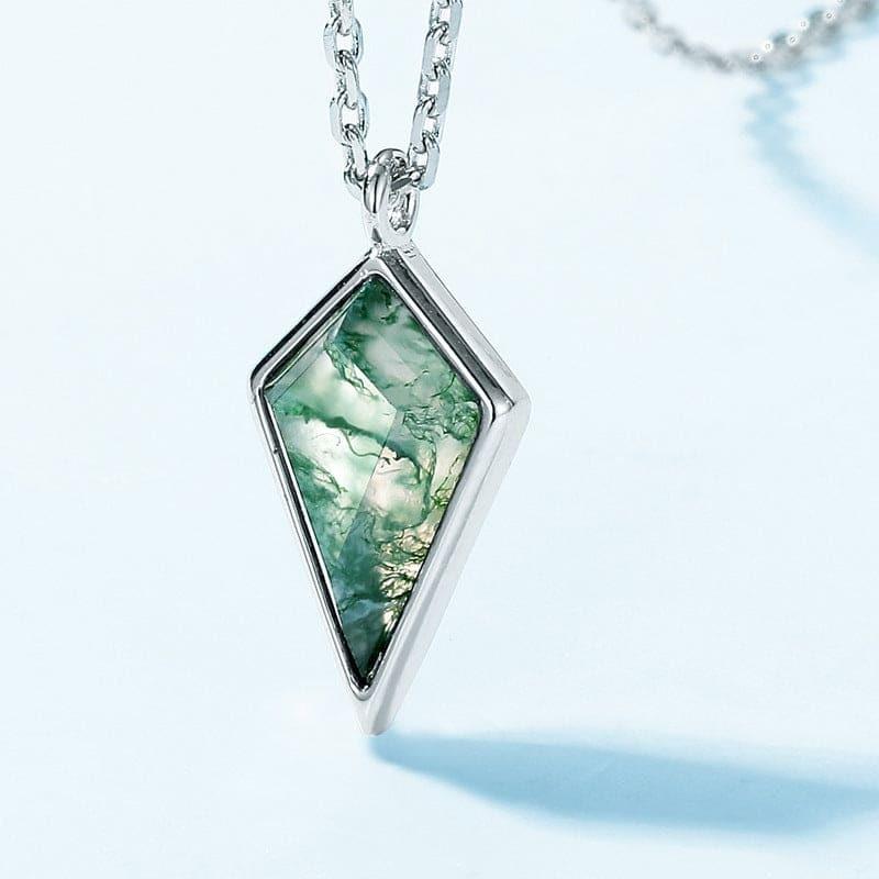 Kite Harmony Natural Moss Agate Pendant Necklace - S925 Sterling Silver.