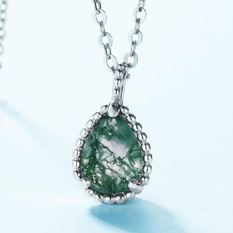 Teardrop Natural Moss Agate Basket Weave Pendant Necklace - S925 Sterling Silver.